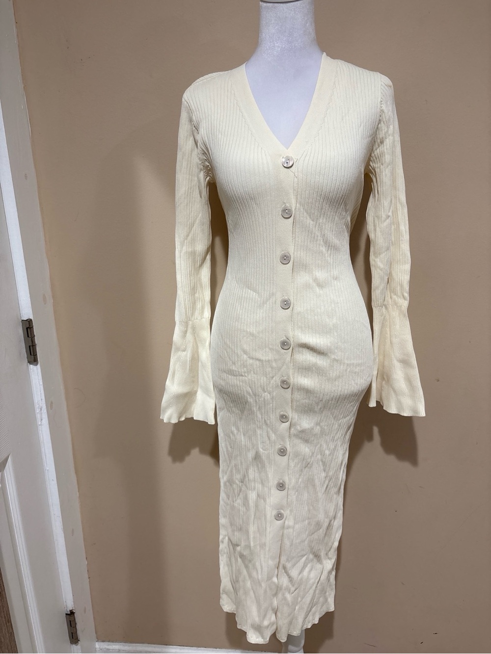 a new day Cream Ribbed Button-Front Long Sleeve Midi Dress